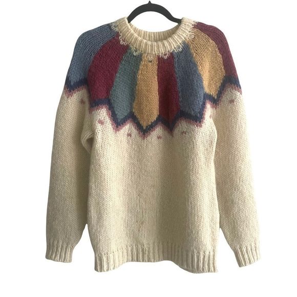 Vintage Sweaters - 𝅺VINTAGE Viking Iceland Style Crew Neck Long Sleeve Fair Isle Sweater Cream L